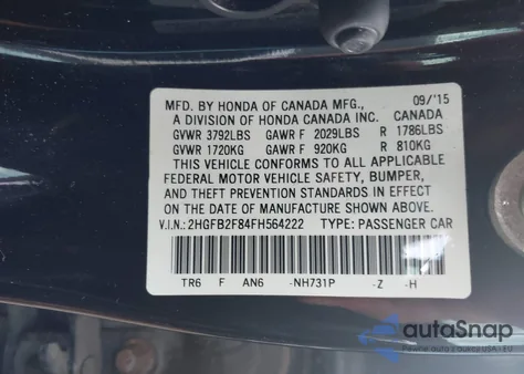 2015 Honda Civic Ex from USA, damaged, VIN 2HGFB2F84FH564222